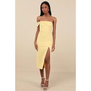 Lulus Yellow One-Shoulder Bodycon Midi Dress with Side Slit twist & make up M